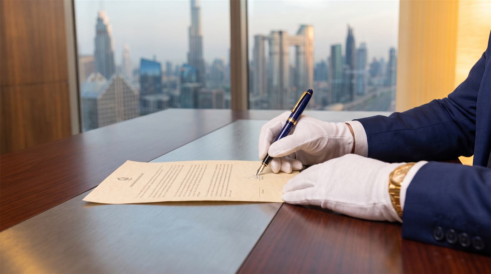 Business professional signing official company documents in Dubai